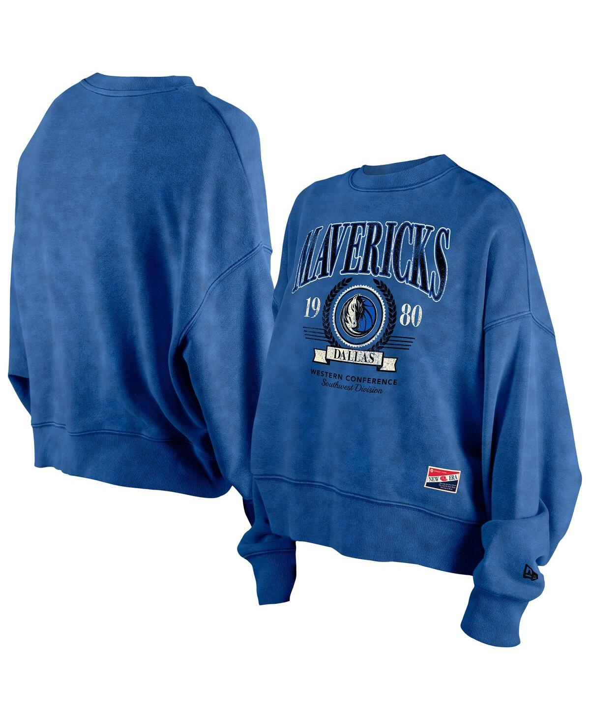 NEW ERA WOMEN'S BLUE DALLAS MAVERICKS HARDWOOD CLASSICS ENZYME WASH OVERSIZED BOXY PULLOVER SWEATSHIRT 