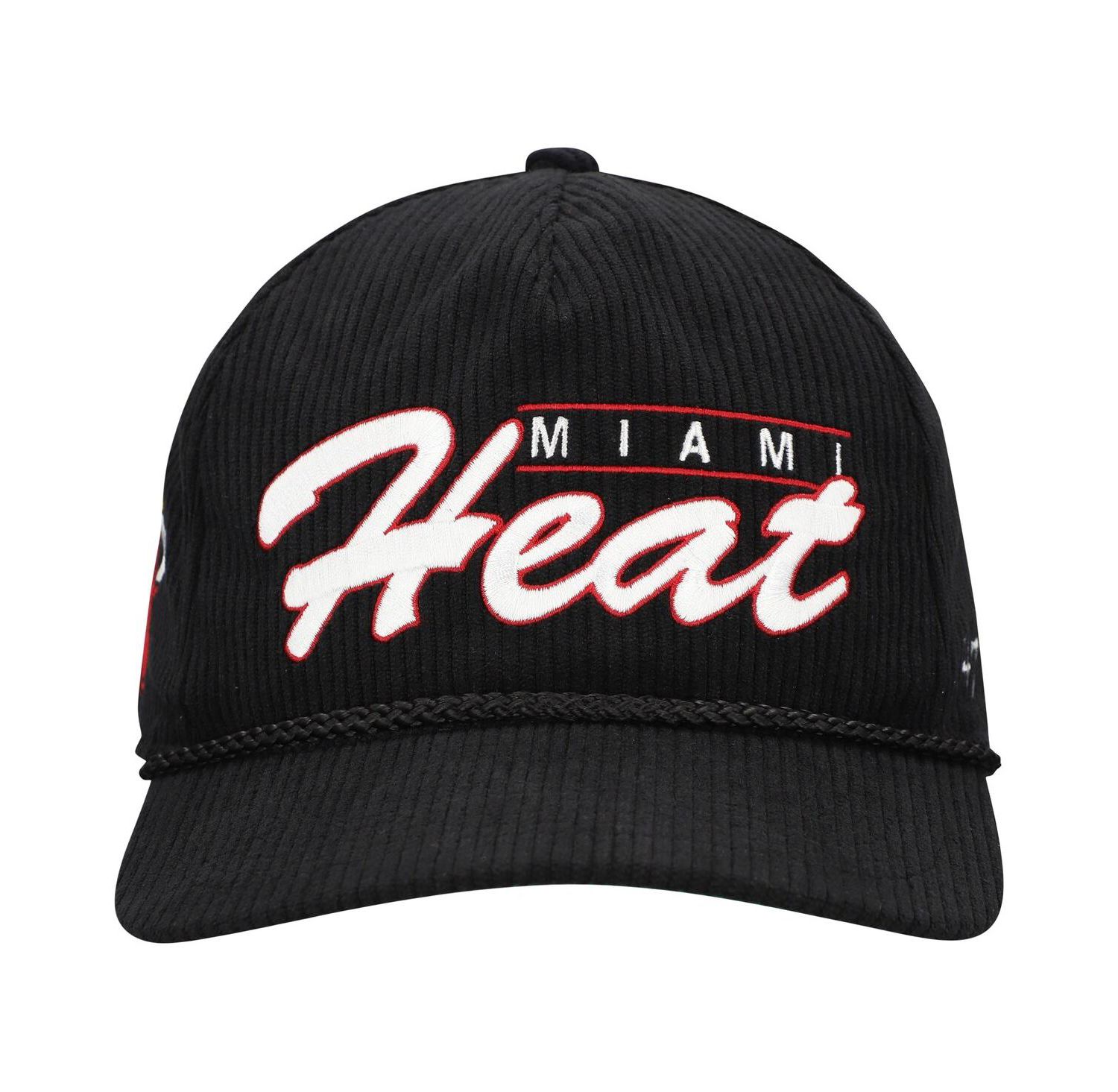 Men's Black Miami Heat Double Header Sidepatch Cord Hitch Adjustable Hat