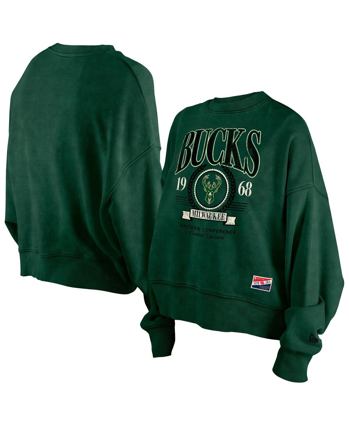 Women's Hunter Green Milwaukee Bucks Hardwood Classics Enzyme Wash Oversized Boxy Pullover Sweatshirt - Hunter Green
