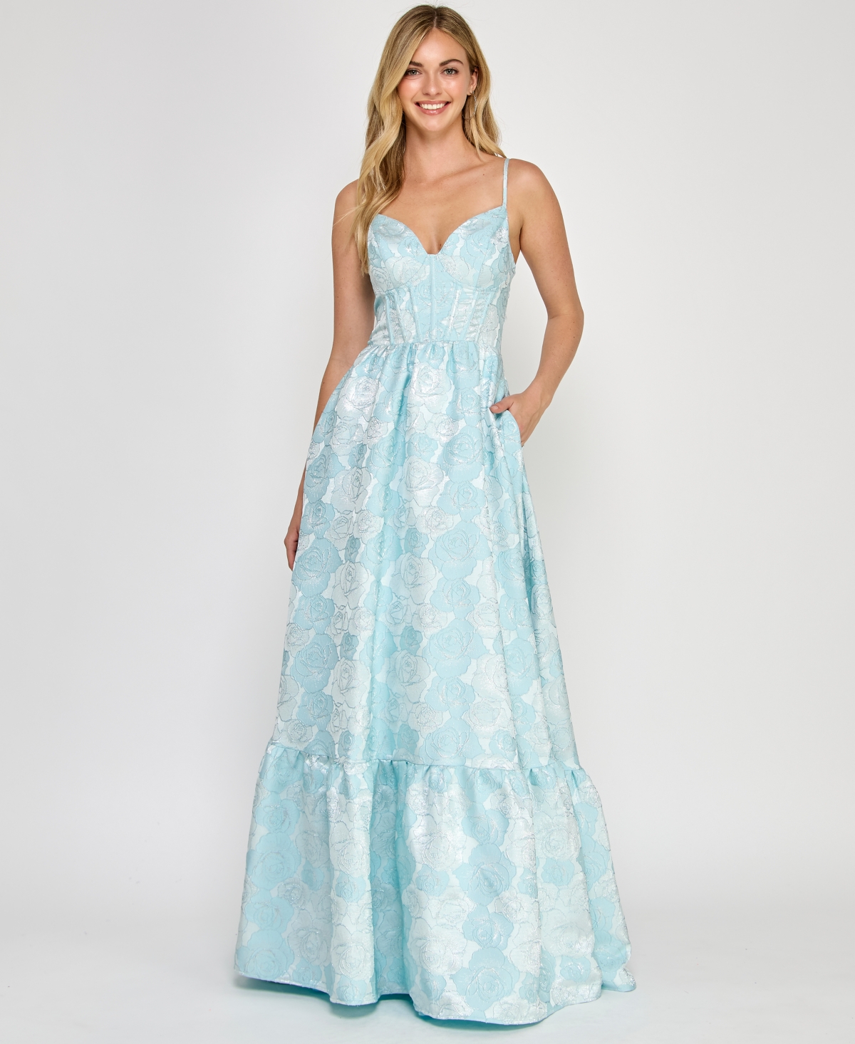 CRYSTAL DOLL JUNIORS' SLEEVELESS BROCADE CORSET GOWN 