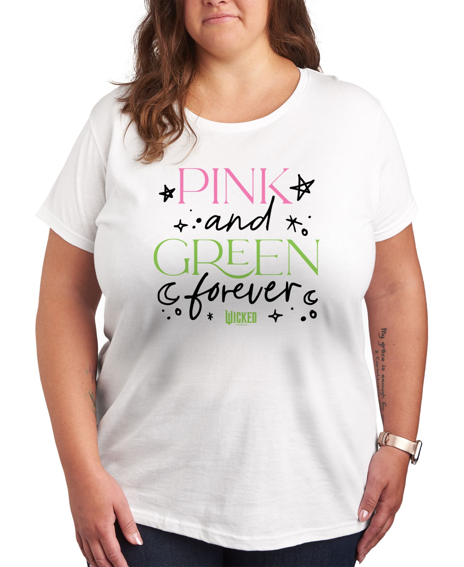 Trendy Plus Size Wicked Pink and Green Graphic Crew Neck T-Shirt