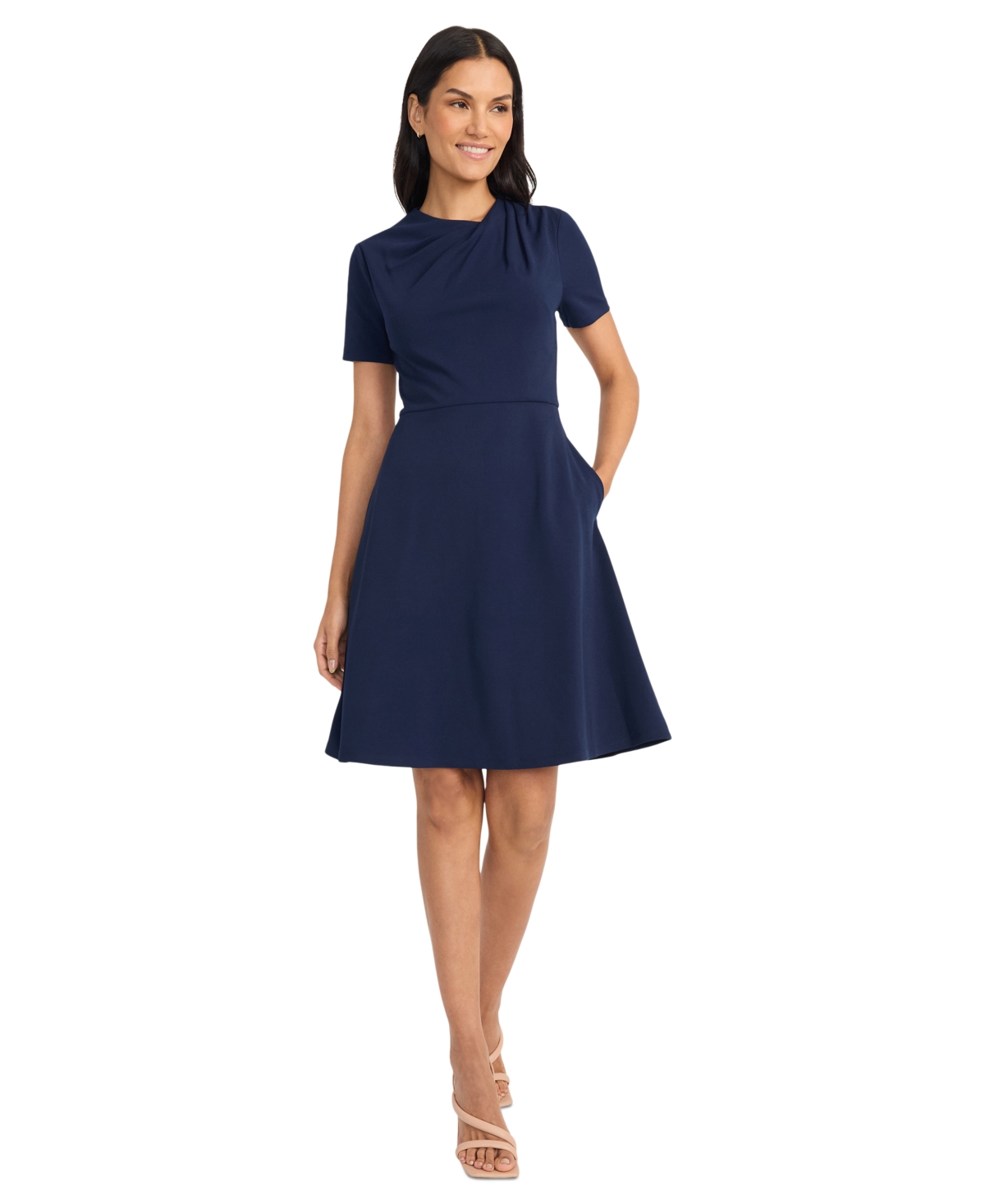 Women's Solid Asymmetric-Neck Flared Dress - Navy Blazer