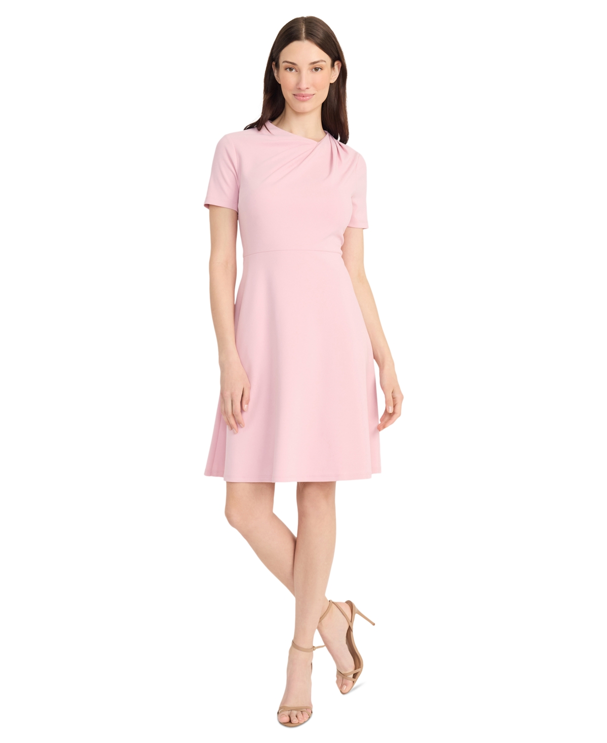 Women's Solid Asymmetric-Neck Flared Dress - Shell Pink
