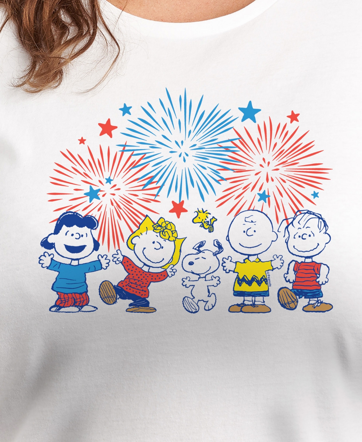 Hybrid Apparel Trendy Plus Size Peanuts 4th Of July Fireworks Graphic Crew Neck T-shirt In White