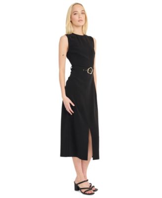Women's Belted Boat-Neck Sleeveless Midi Dress