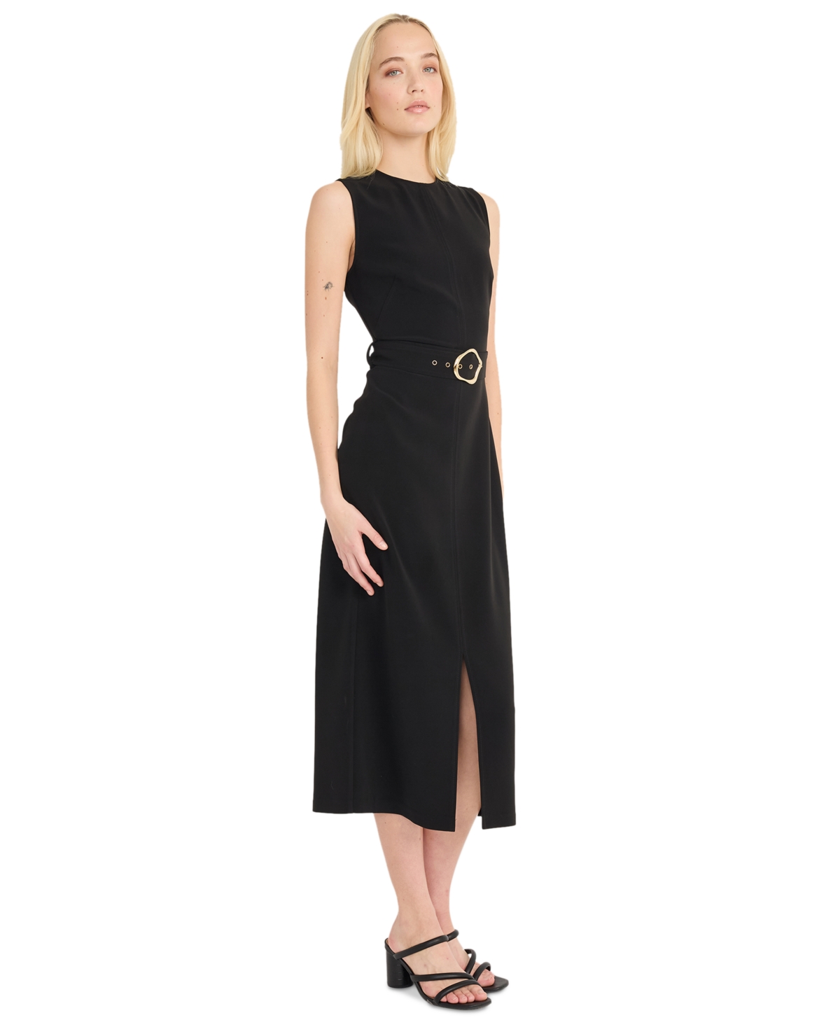 Luxely Sleeveless Belted Dress In Meteorite