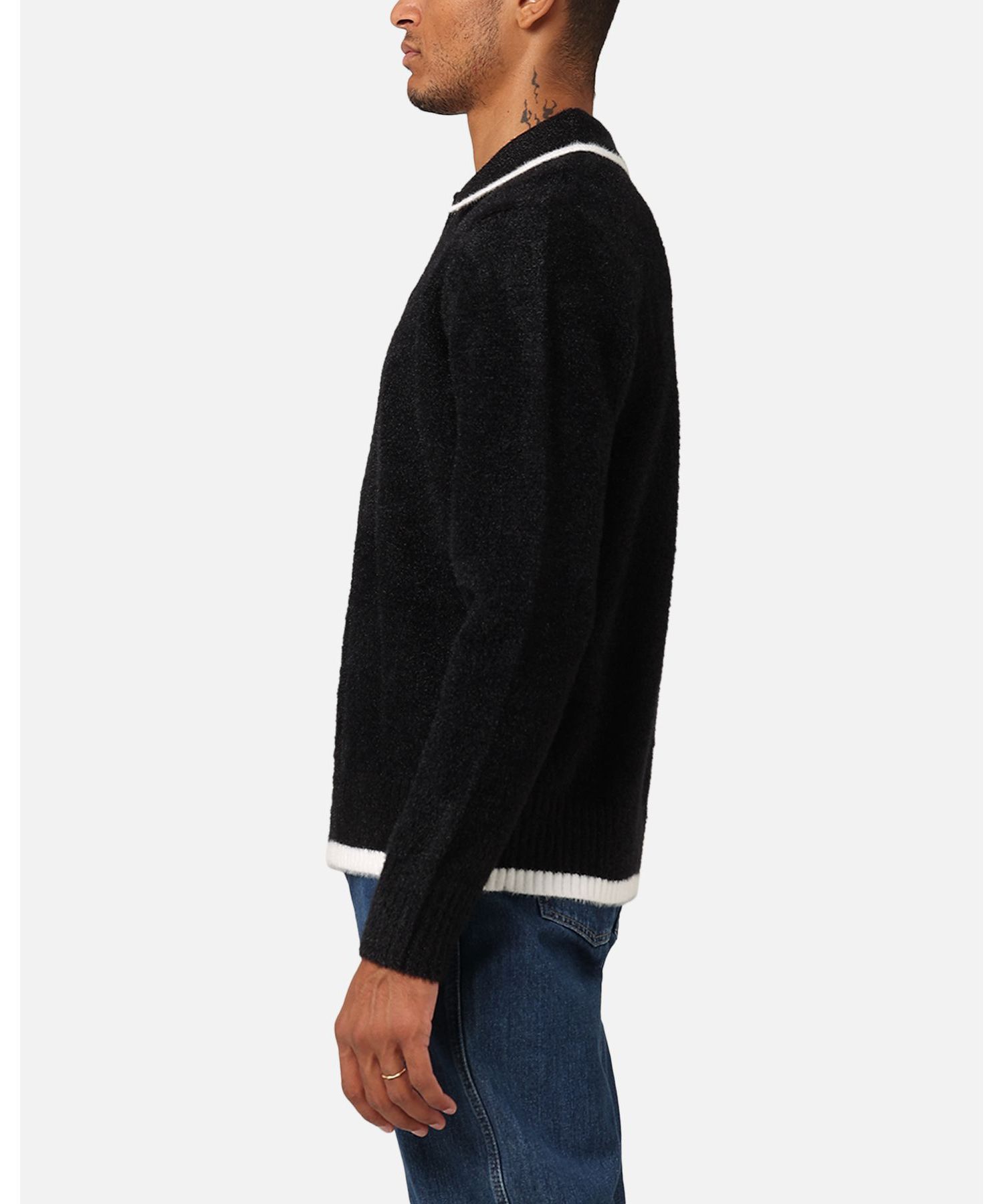 Men's Fluffy Long Sleeve Polo Shirt- Blue, 2XL