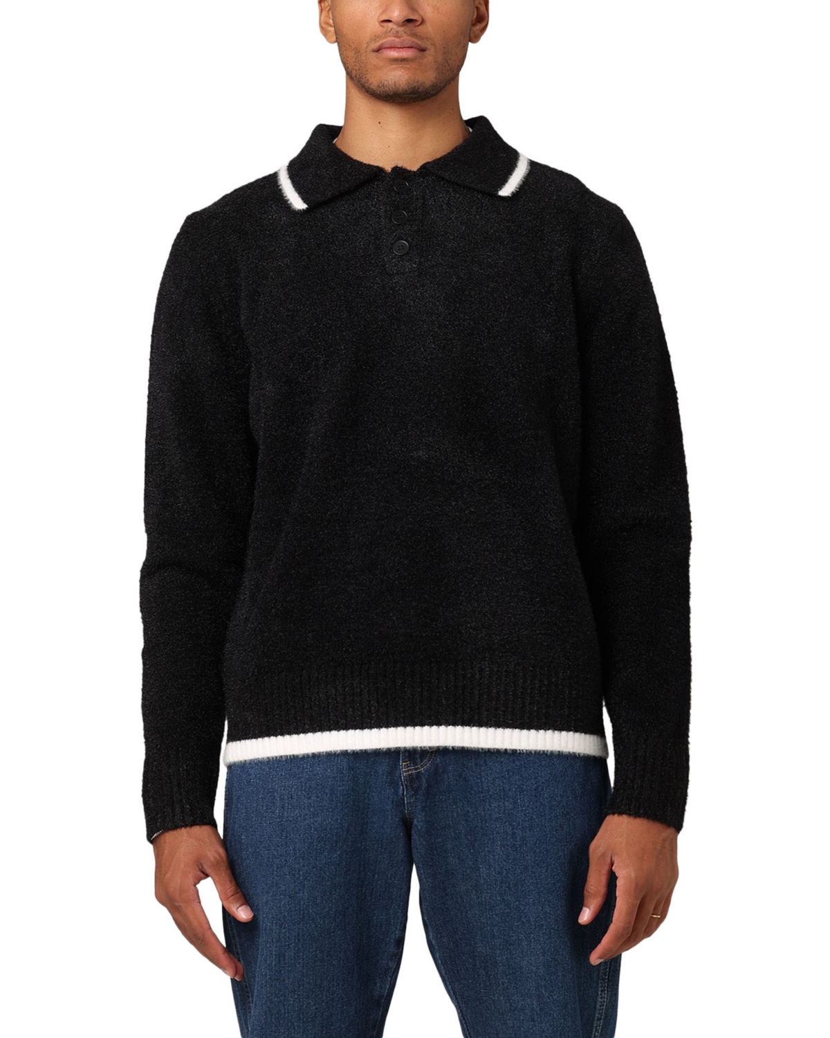 Xxiii Men's Fluffy Long Sleeve Polo Shirt - Black