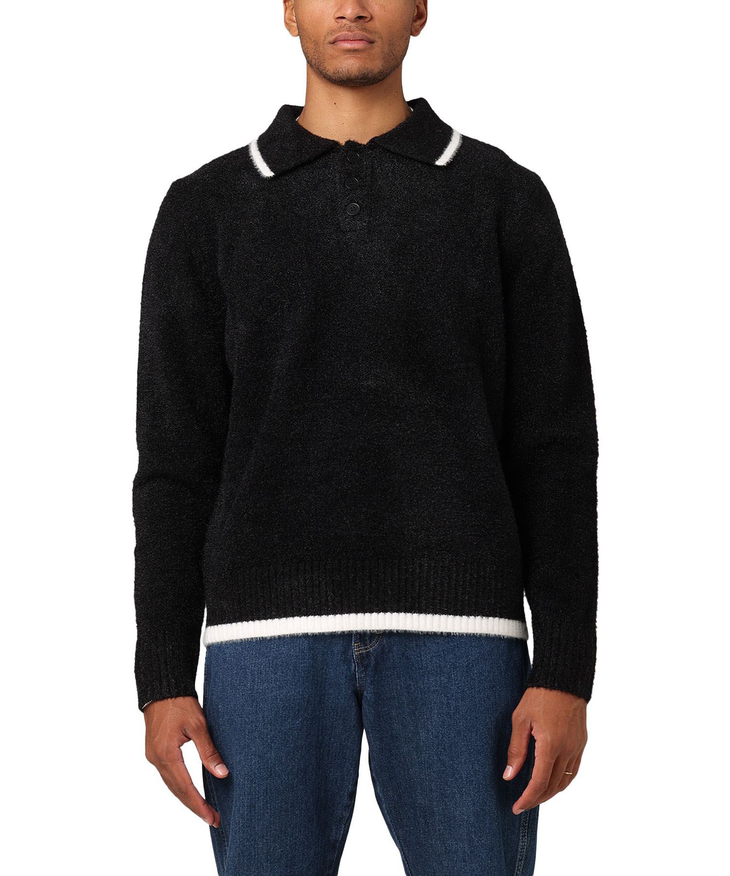 Men's Fluffy Long Sleeve Polo Shirt- Blue, 2XL