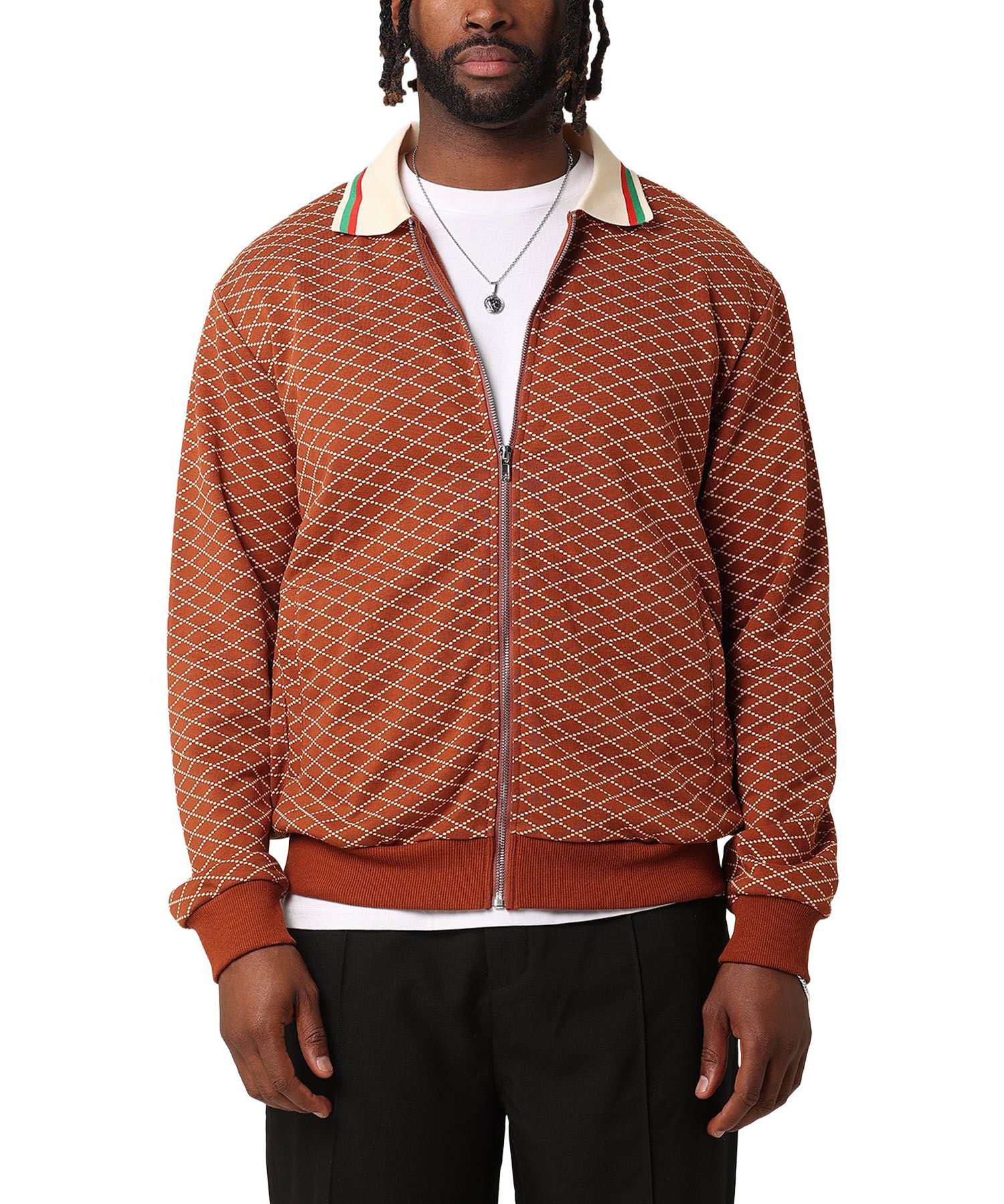 Men's Printed Bomber Jacket- Brown, S