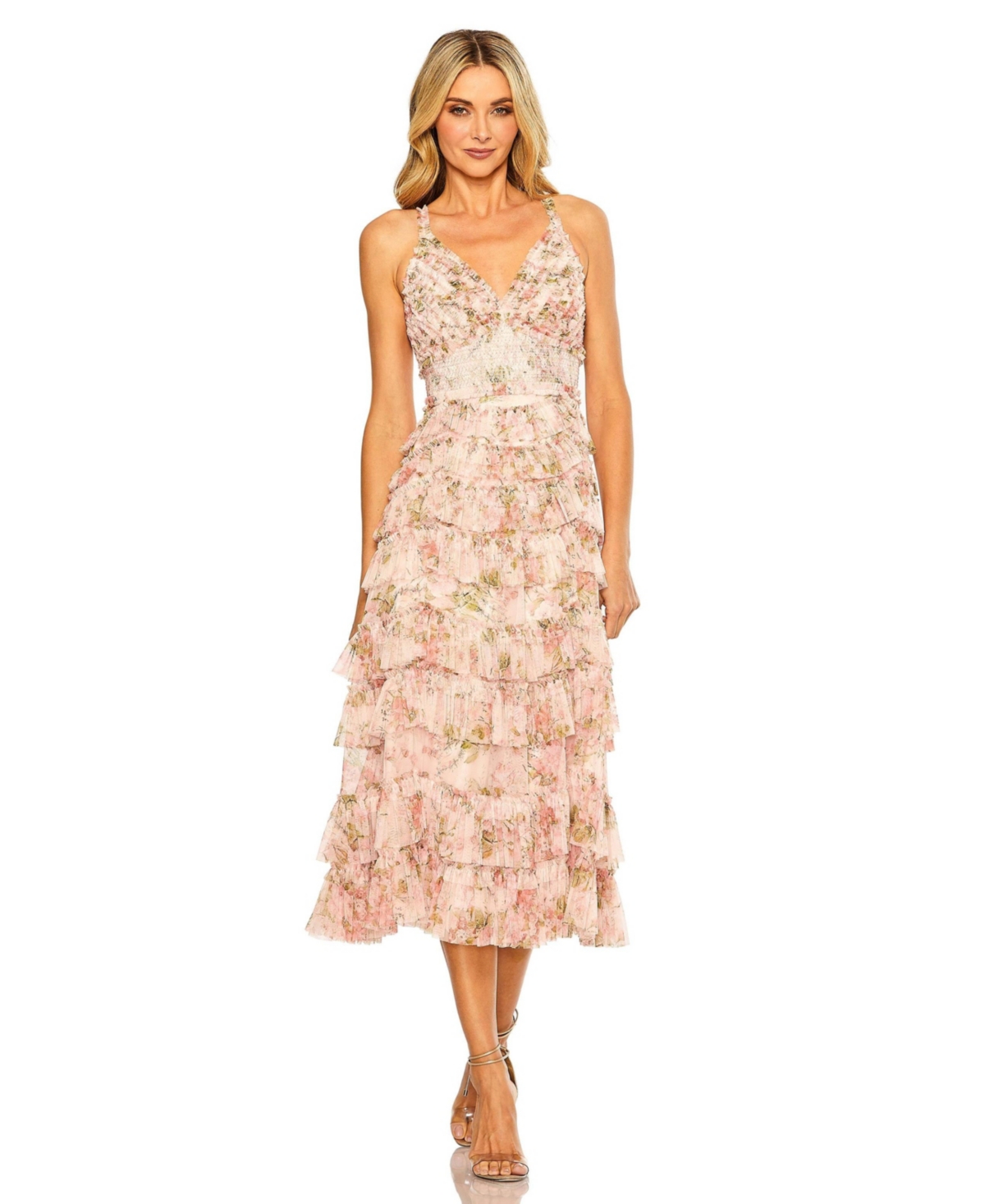 Women's Sleeveless V Neck Floral Mesh Ruffle Midi Dress - Blush multi
