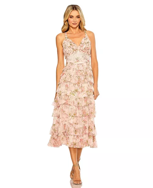 women's sleeveless v neck floral mesh ruffle midi dress