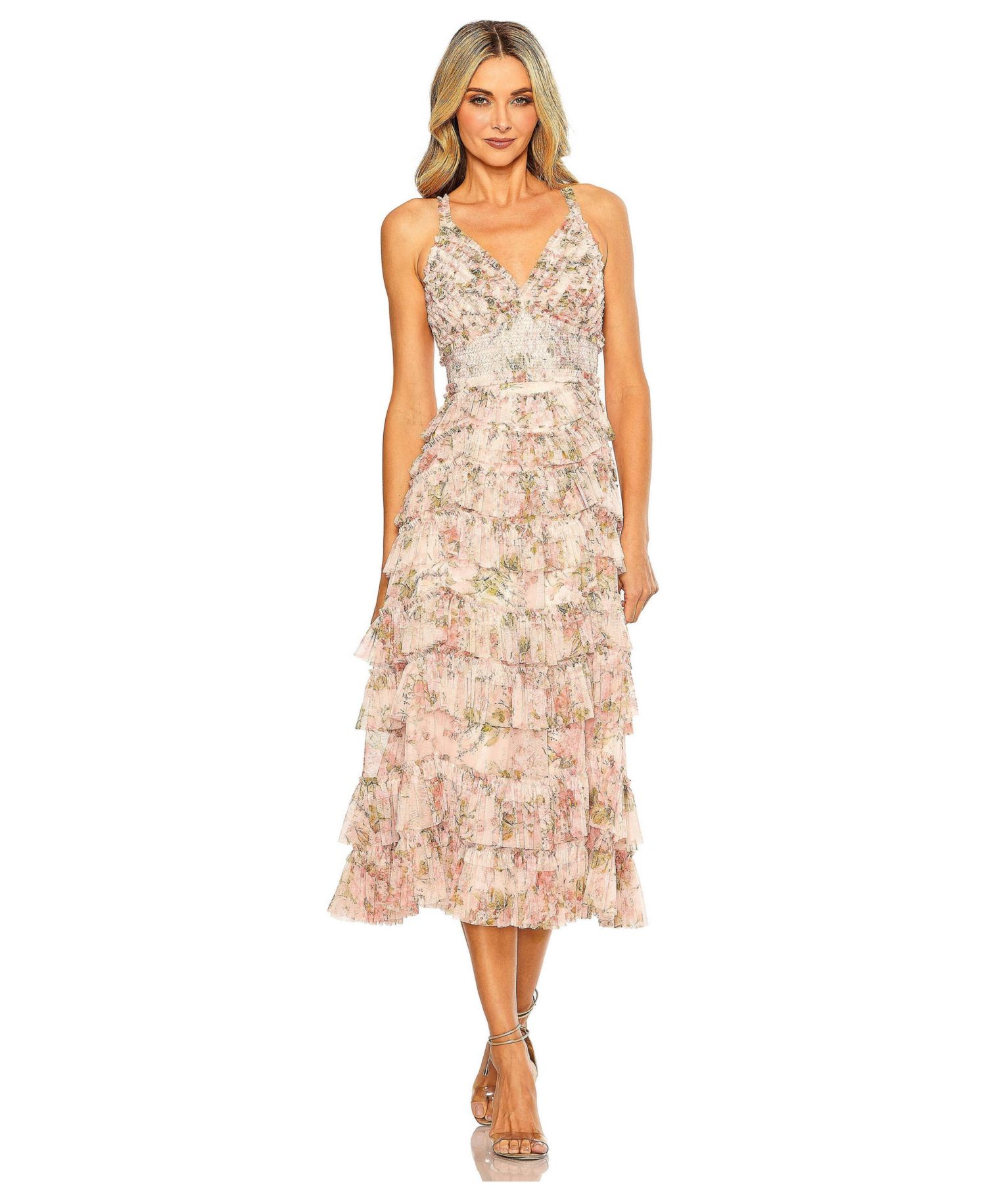 Women's Sleeveless V Neck Floral Mesh Ruffle Midi Dress
