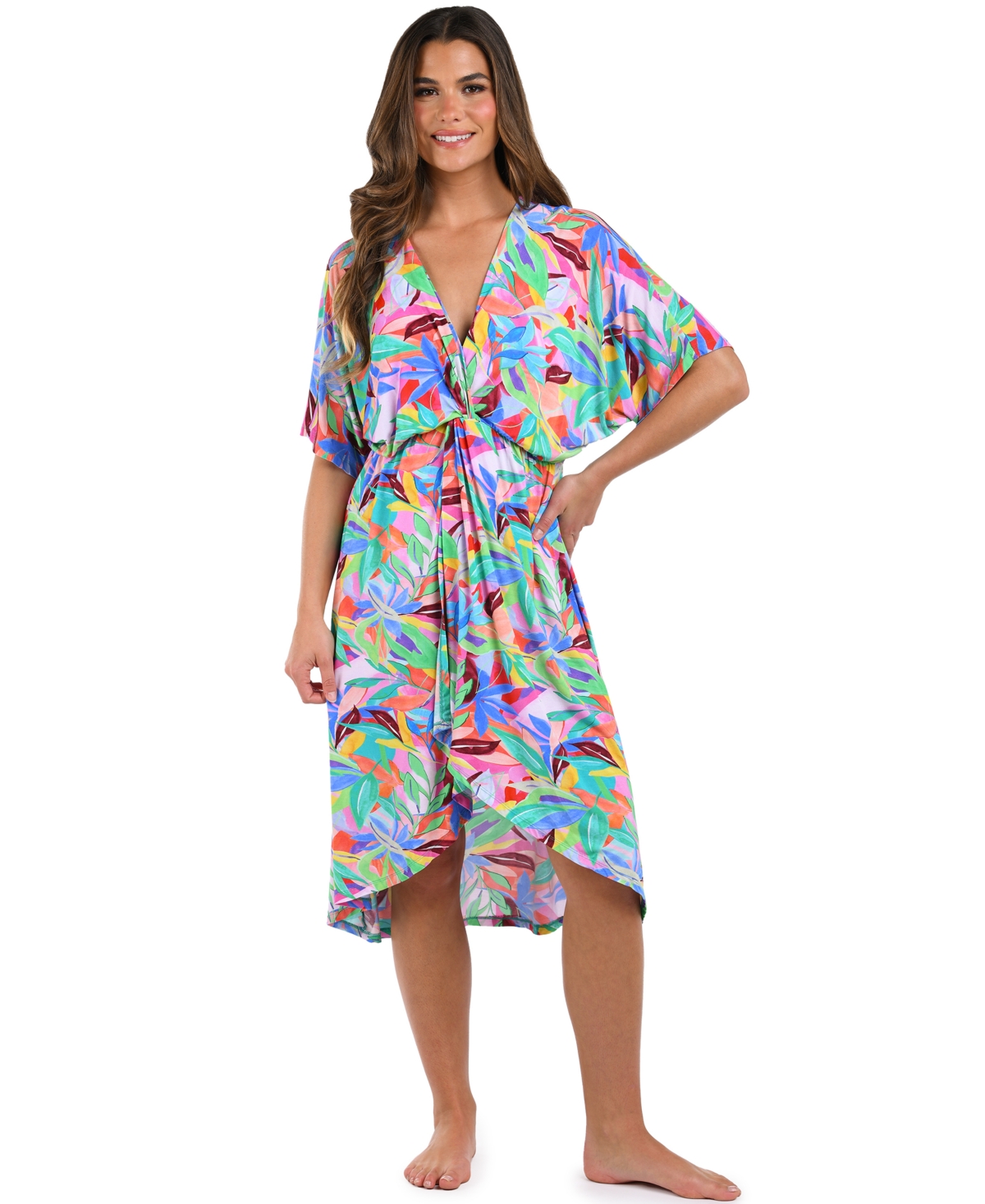LA BLANCA WOMEN'S TROPI-FLAGE JERSEY TWIST DRESS COVER-UP 