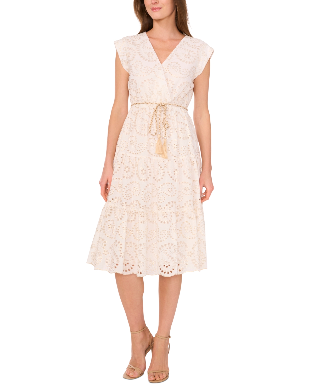 Shop Vince Camuto Women's Embroidered Eyelet Tiered Midi Dress In Ultra White