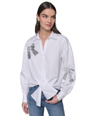 KARL LAGERFELD PARIS - Women's Cotton Tie-Front Sequined-Bow Blouse