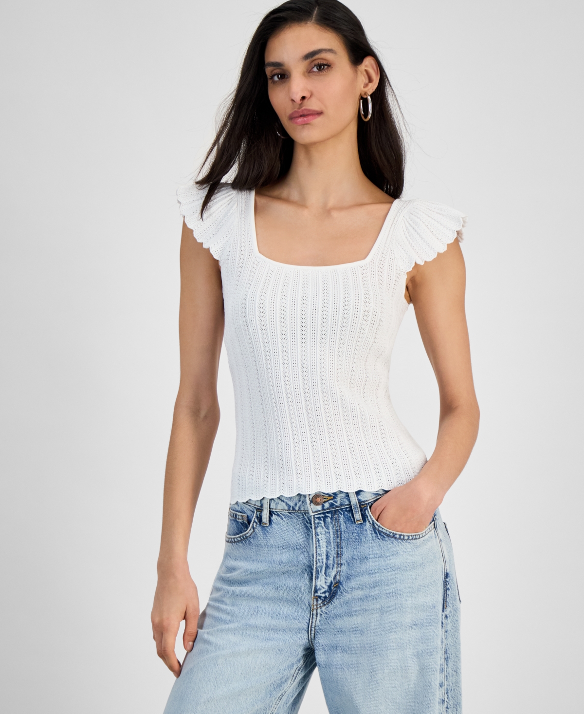 Women's Laurel Square-Neck Pointelle Sweater - Pure White