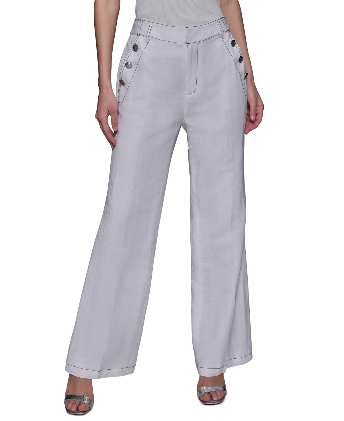 Shop Karl Lagerfeld Women's Linen-blend Wide-leg Sailor Pants In Soft White