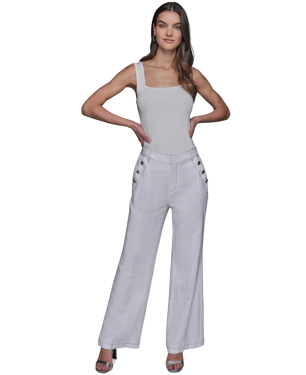 Shop Karl Lagerfeld Women's Linen-blend Wide-leg Sailor Pants In Soft White
