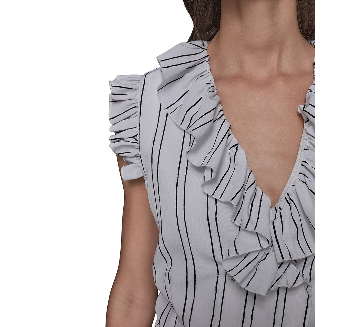 Shop Karl Lagerfeld Women's Ruffle-trim Striped Top In Soft White