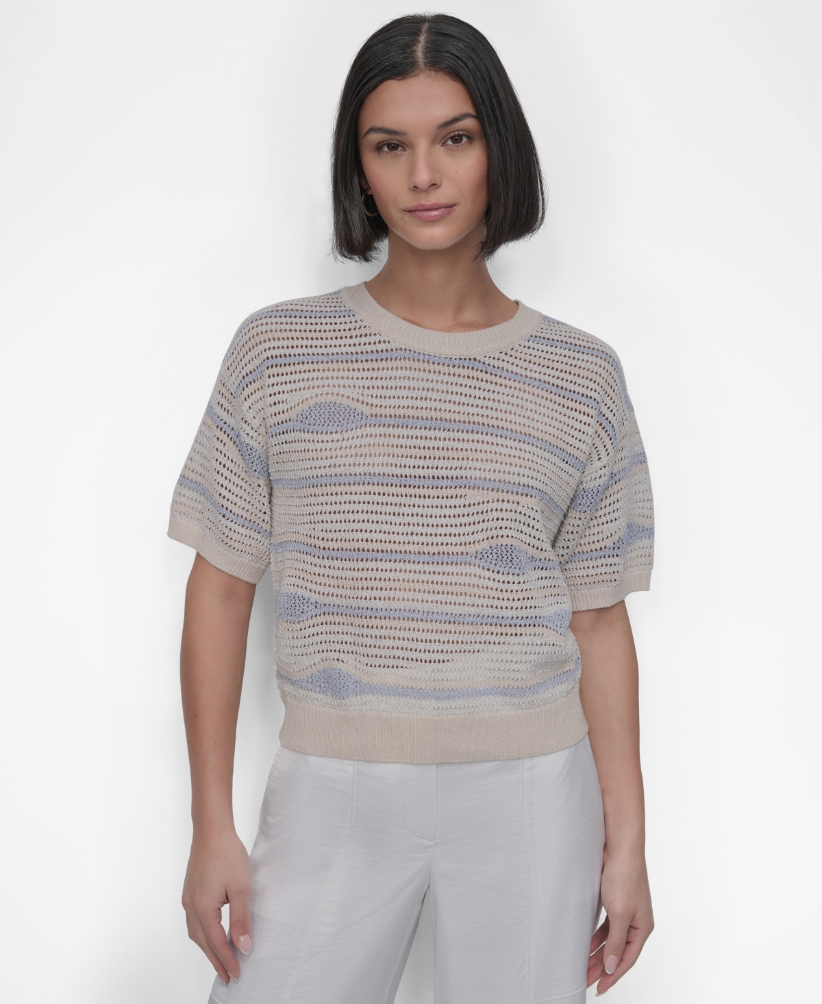 Women's Short-Sleeve Crochet Sweater - Light City Khaki Multi