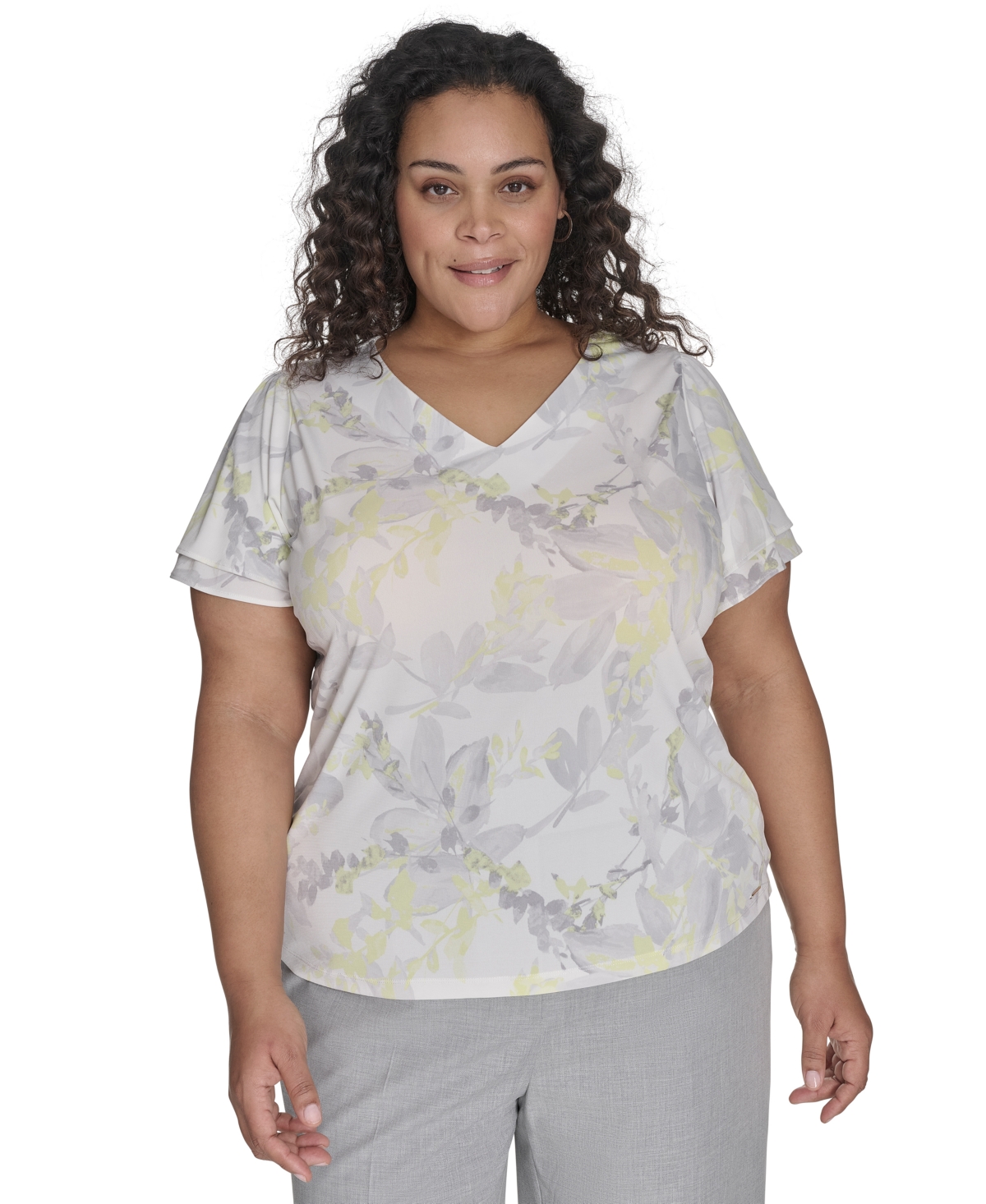 CALVIN KLEIN PLUS SIZE PRINTED V-NECK FLUTTER SLEEVE BLOUSE 