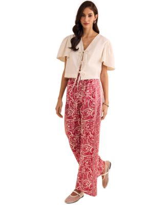 Womens Tie Front Flutter Sleeve Blouse Printed Wide Leg Pull On Pants