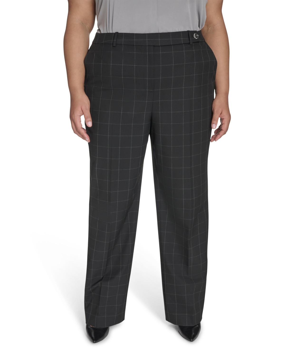 Calvin Klein Plus Size Windowpane Print Wide Leg Pants In Black,cream
