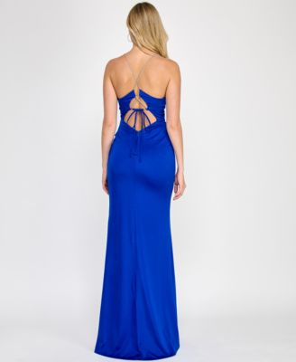 Juniors' Rhinestone Lace-Up-Back Satin Gown
