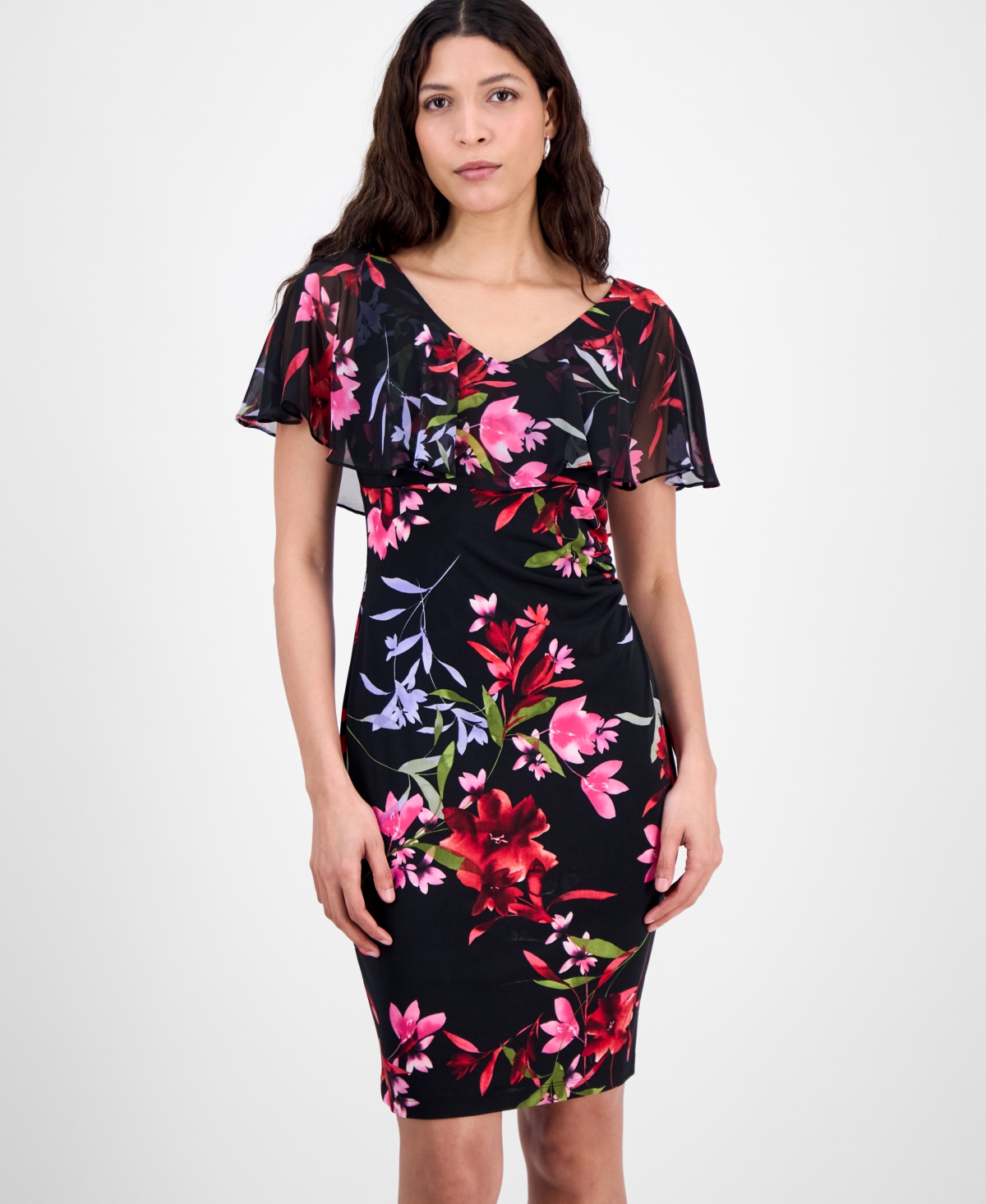 Capelet-Overlay Sheath Dress - Red