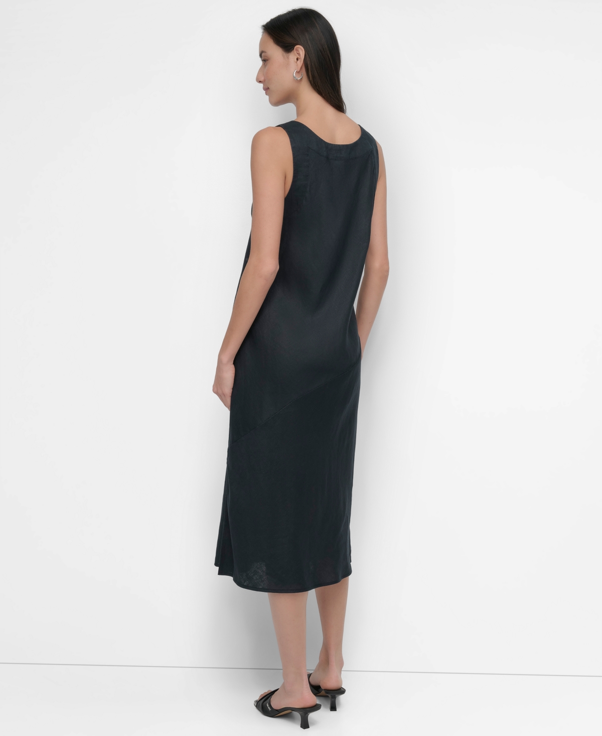 Dkny Stud Detail Linen Midi Dress In Black