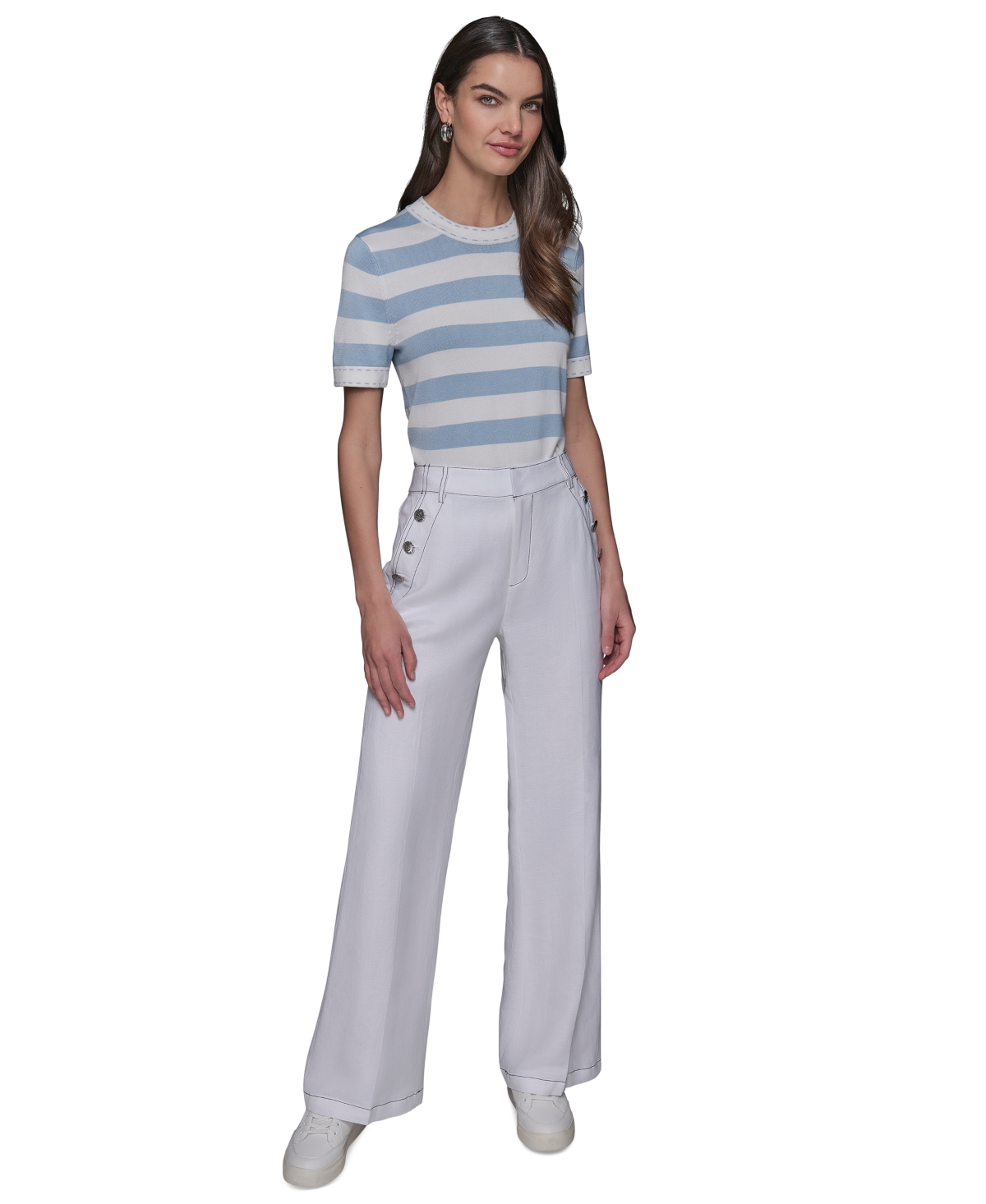 Shop Karl Lagerfeld Women's Stripe Short-sleeve Sweater In Soft White  Chambray