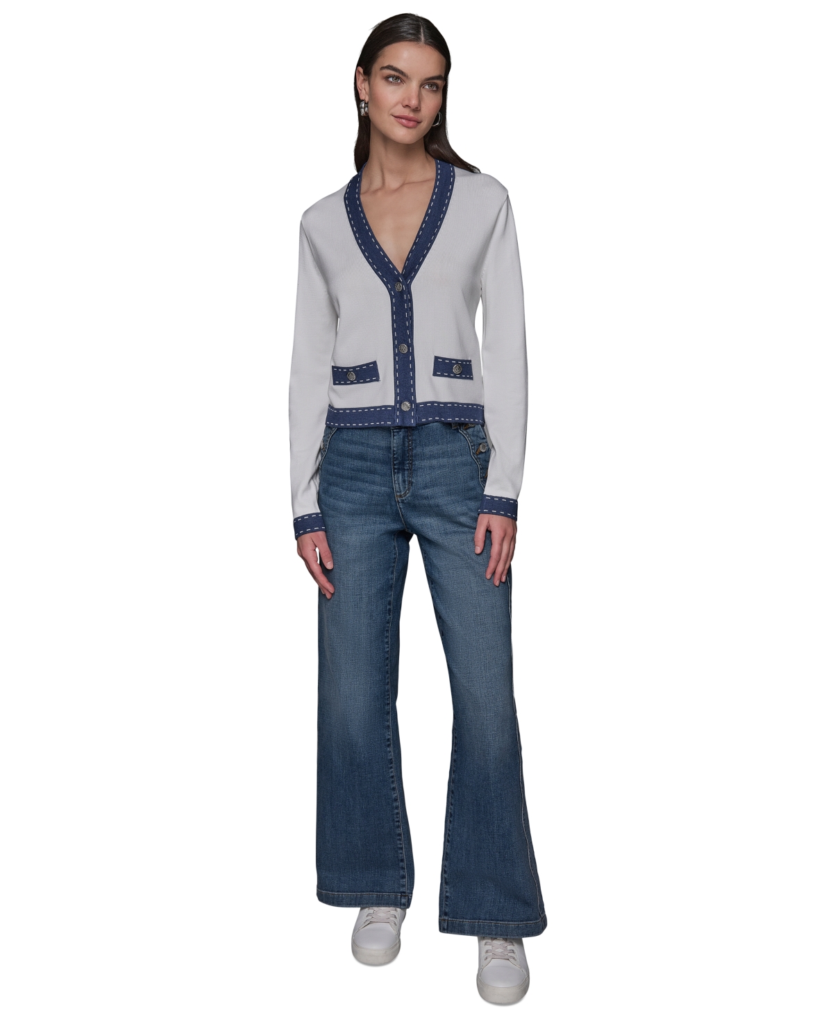 Shop Karl Lagerfeld Women's Contrast-trim V-neck Cardigan In Soft White  Indigo