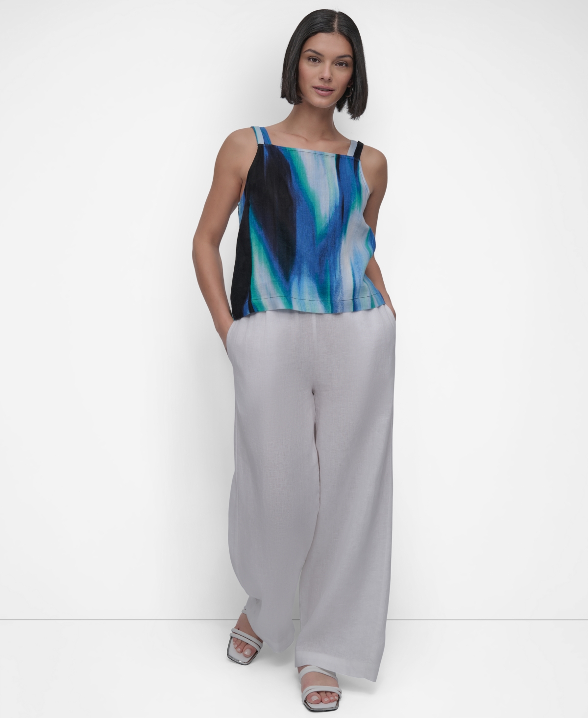 Shop Dkny Women's Printed Tie-strap Linen Tank Top In Caribbean Multi
