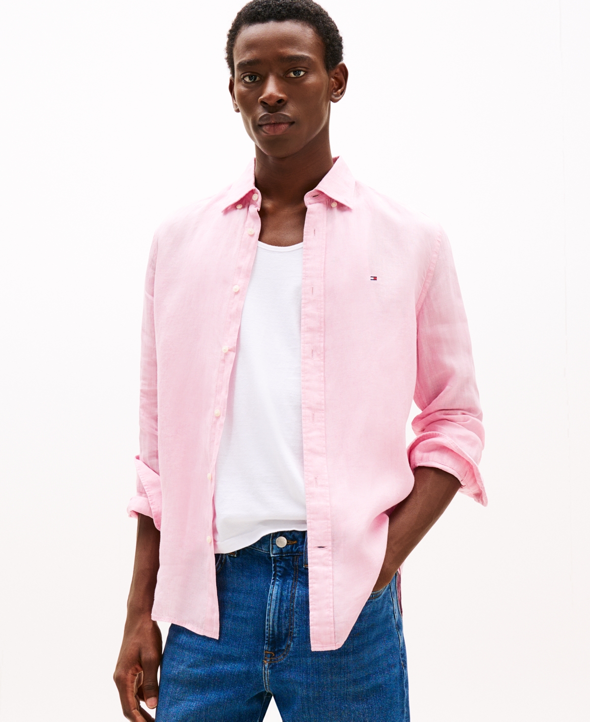 Tommy Hilfiger Men's Pigment-dyed Linen Button-down Long Sleeve Shirt In Pink