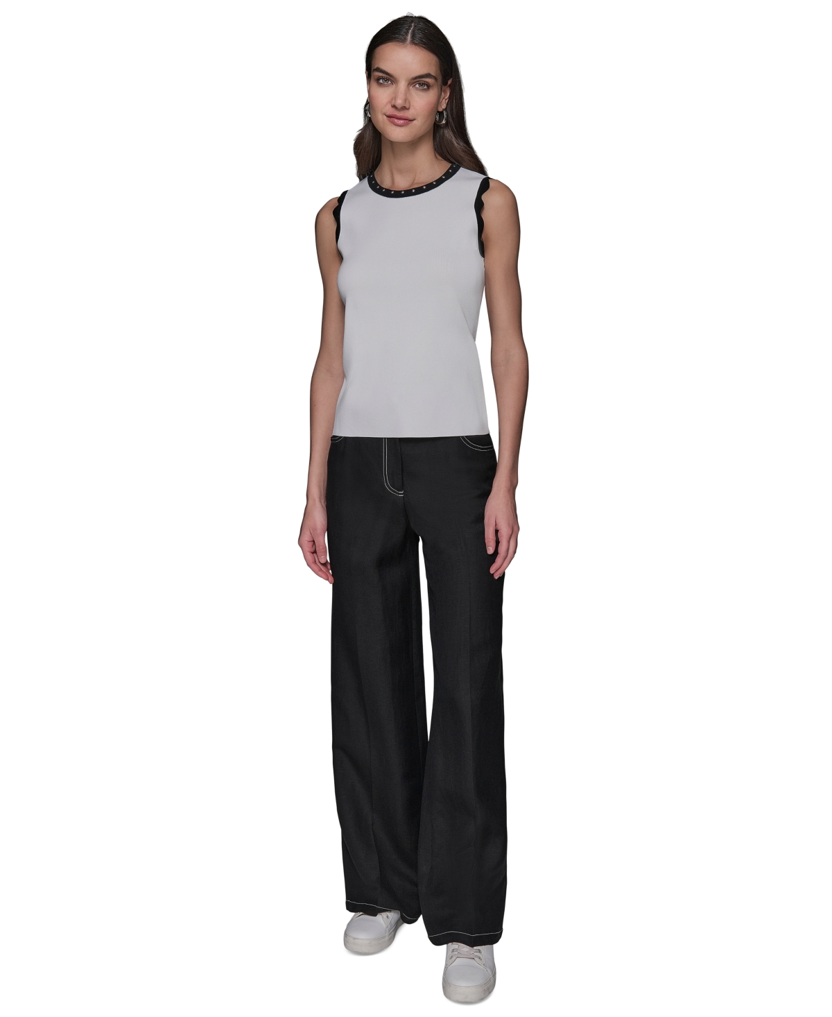 Karl Lagerfeld Women's Scallop-edge Sleeveless Sweater In Soft White  Black