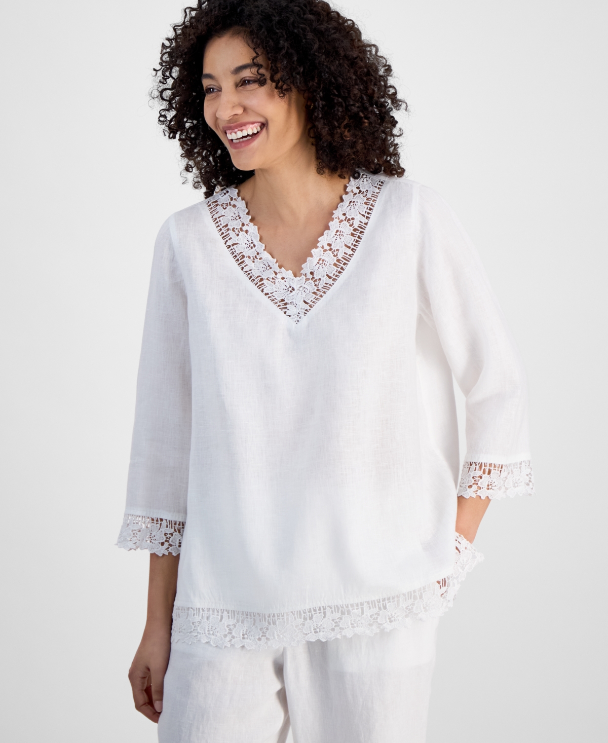 Petite Lace-Trim Linen V-Neck Tunic, Exclusively at Macy's - Bright White