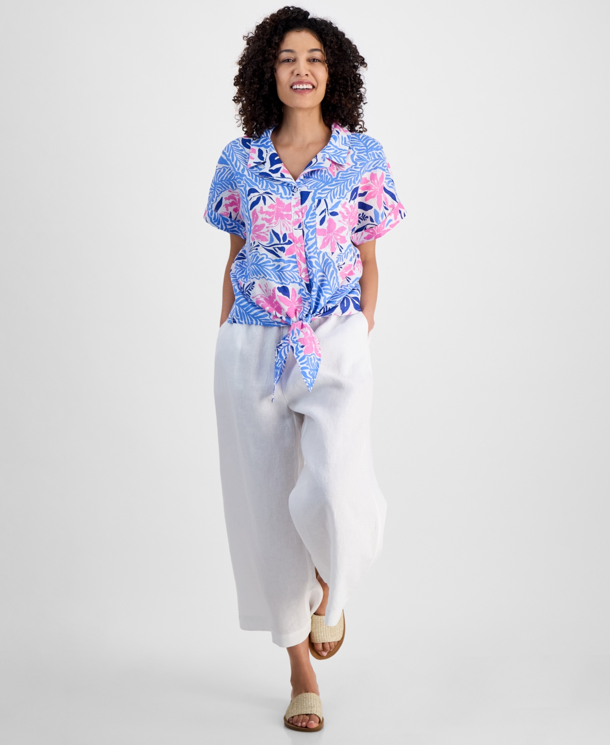 Charter Club Petite 100% Linen Floral-print Tie-front Shirt, Exclusively At Macy's In Bright White