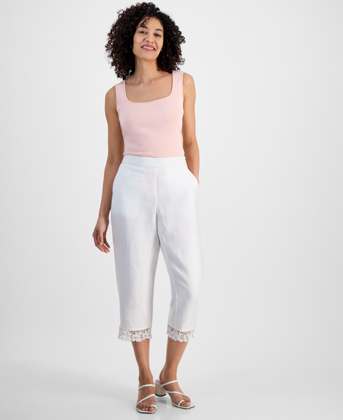 Petite Lace-Trim Linen Cropped Pants, Exclusively at Macy's - Bright White