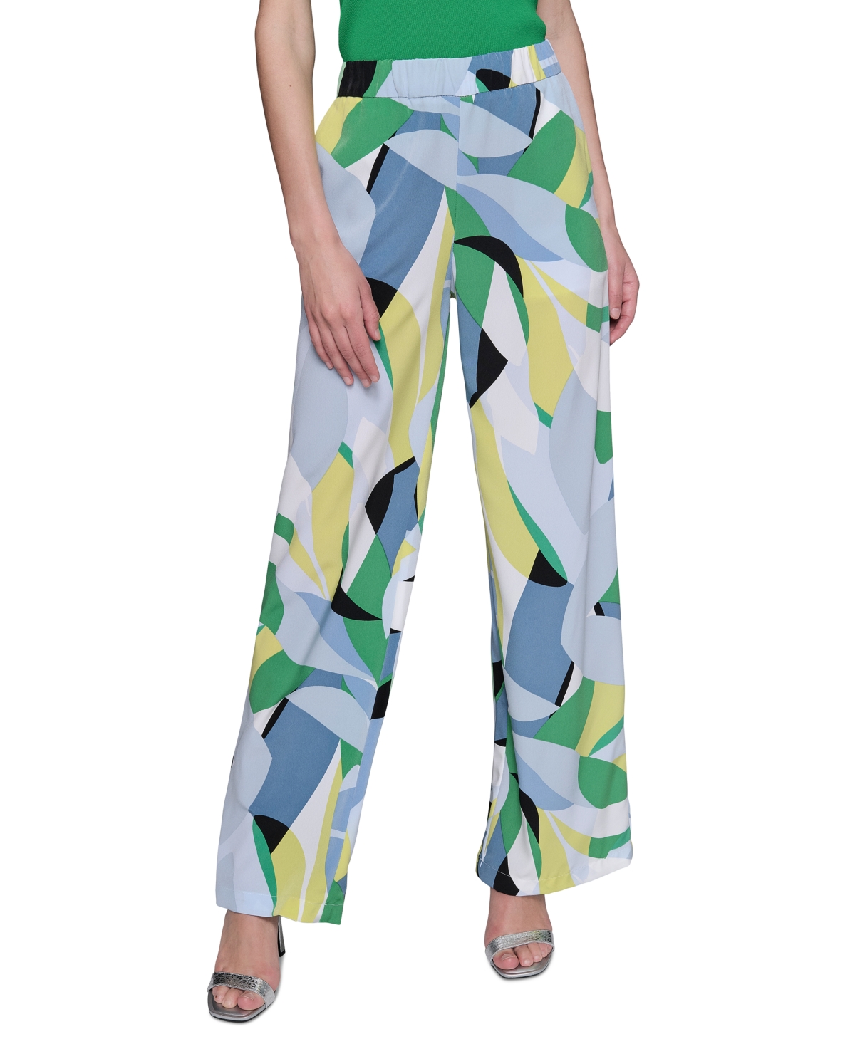 Shop Karl Lagerfeld Women's Geo-print Wide-leg Pants In Flore Green  Chambray