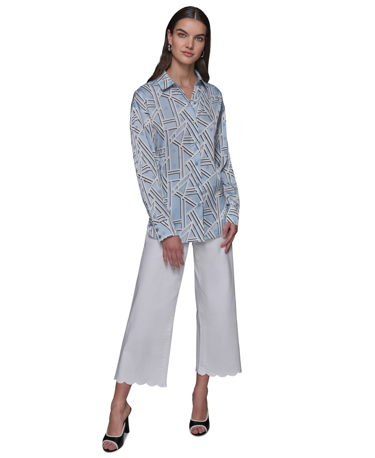 Shop Karl Lagerfeld Women's Satin Geo-print Oversized Button-front Top In Chambray Blue