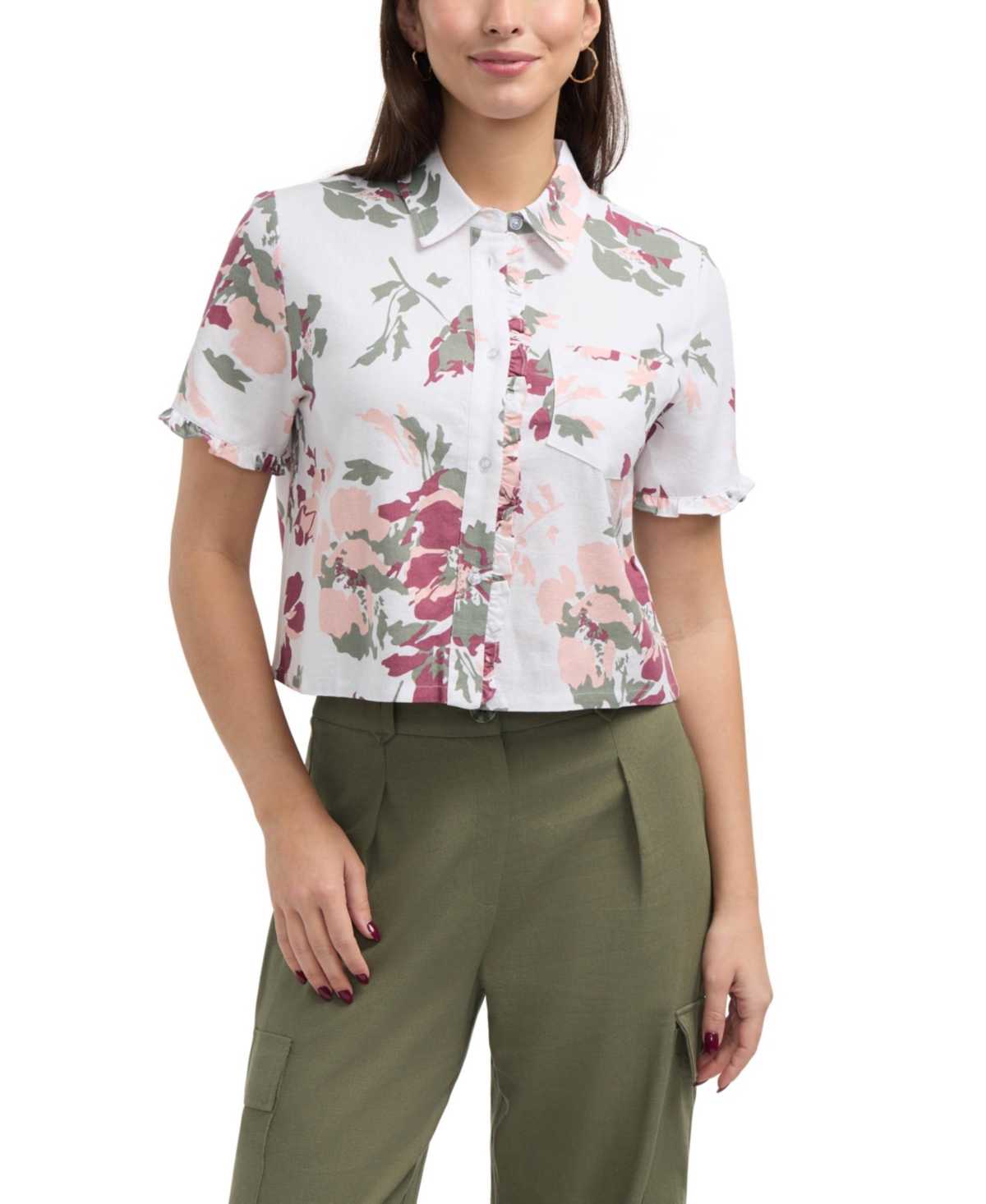 Women's Button Front Shirt with Ruffle Detail - Peach bouquet