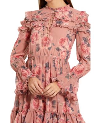 Women's Long Sleeve Lace Up Front Tiered Ruffle Dress