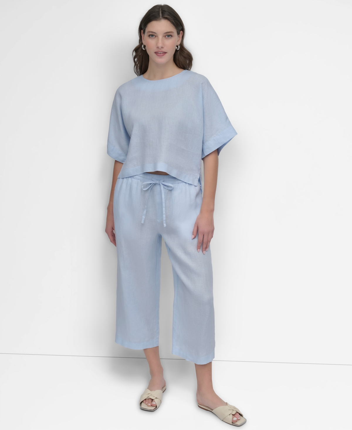 Dkny Linen Drop Shoulder Short Sleeve Top In Skyway Blue