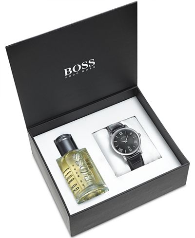 Hugo Boss Men's Ambassador Black Leather Strap Watch Gift Set with Fragrance 42mm 1513137