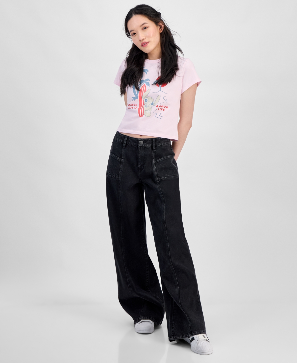 Juniors' Beach Life Stitch Graphic T-Shirt - Pink