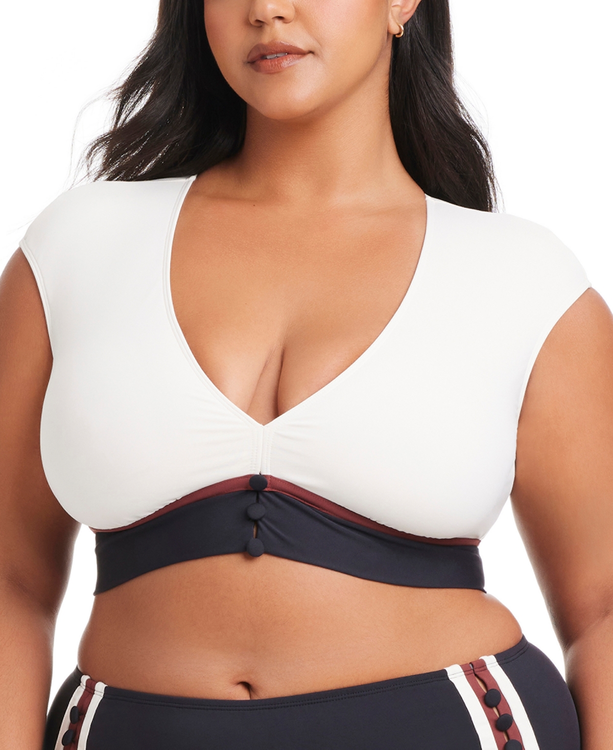 Plus Size Button-Down Cap-Sleeve Cropped Swim Top - Coconut