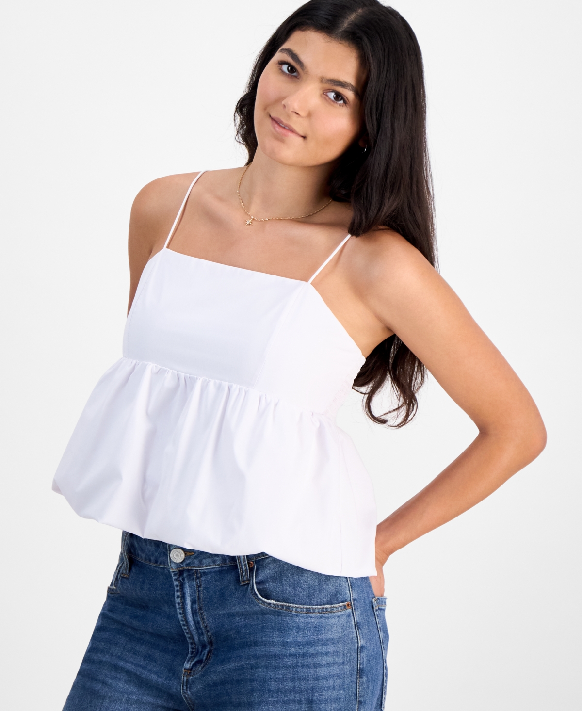 Juniors' Poplin Bubble Tank Top - Bright White