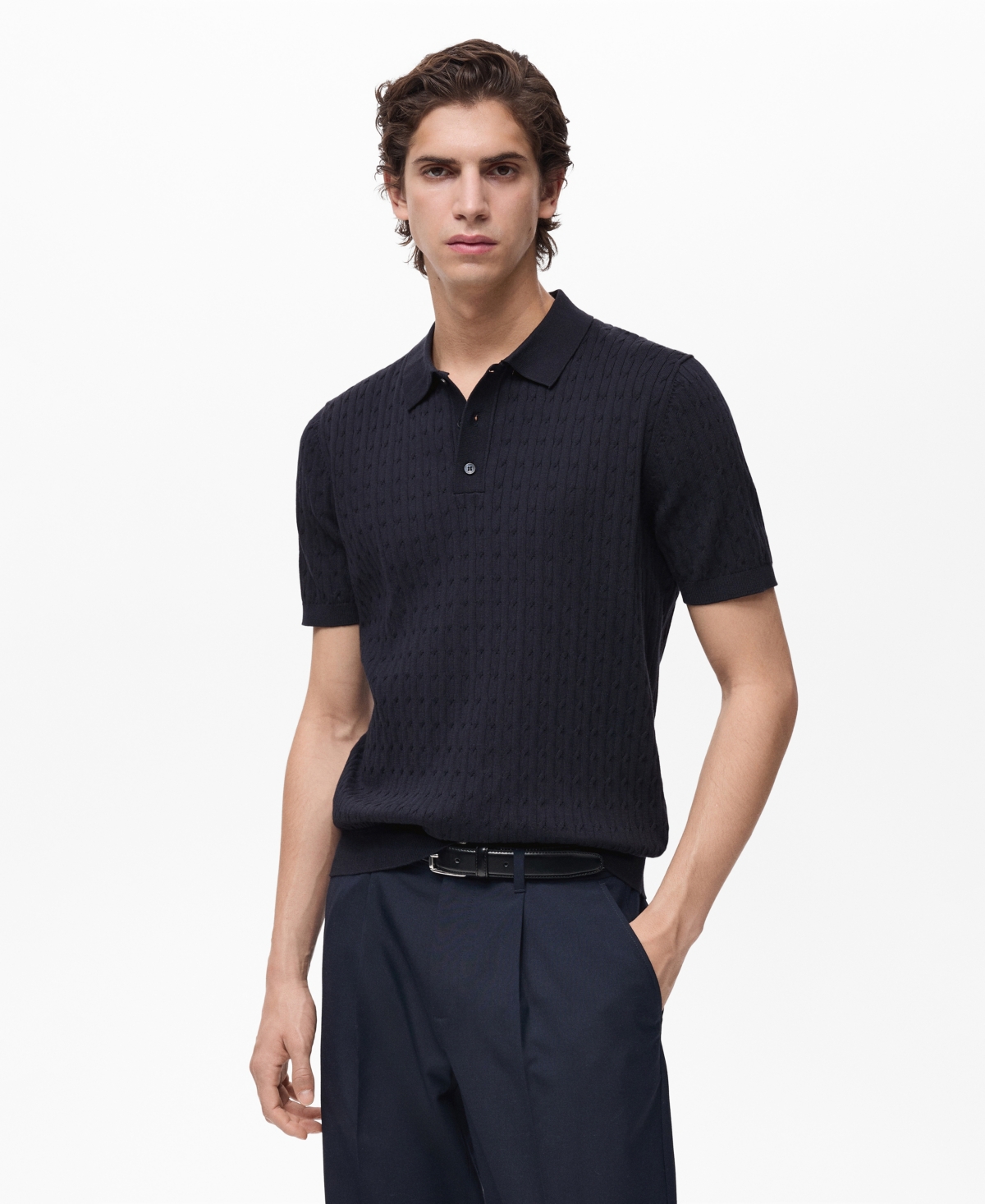 Mango Men's Cotton Braided Knitted Polo Shirt - Night Blue