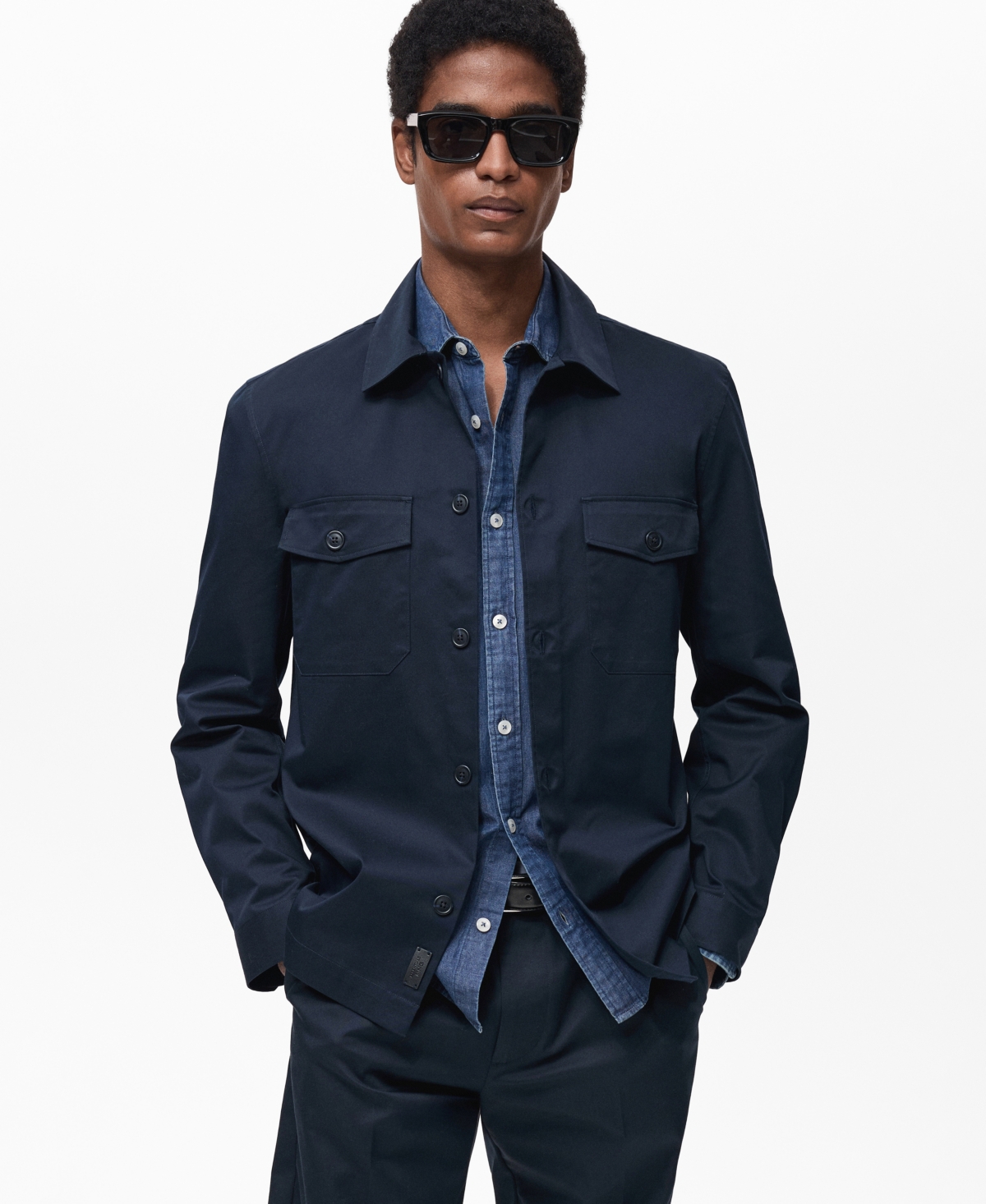 Mango Regular Fit Cotton Blend Button-up Overshirt In Dark Navy